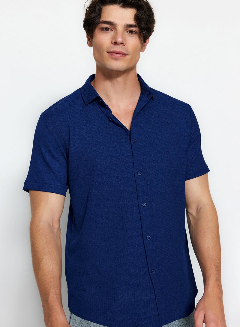 trendyol Summer Textured Navy Blue Wrap Shirt - Short Sleeve, Regular Fit Tmnss23Go00055 - Image 1