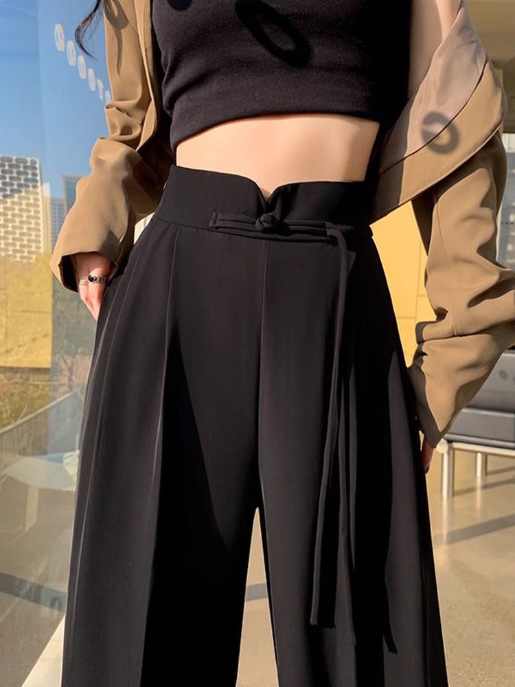 Good Edge Wrapping Quality New Chinese Style Design Suit Wide Leg Pants Straight Loose Slimming High Waist Draping All-Match - Image 1