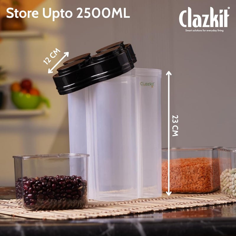 Clazkit Airtight Transparent Plastic Lock Food Storage 4 Section Container Jar for Grocery, Fridge Container Pack of 1, 2500ML - Black - Image 4