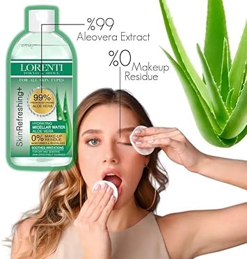 LORENTI ماء ميسيلار لورينتي لإزالة مكياج الوجه المقاوم للماء 0 بقايا مكياج أي نوع بشرة 135 أونصة سائلة 400 مل صبار - Image 2