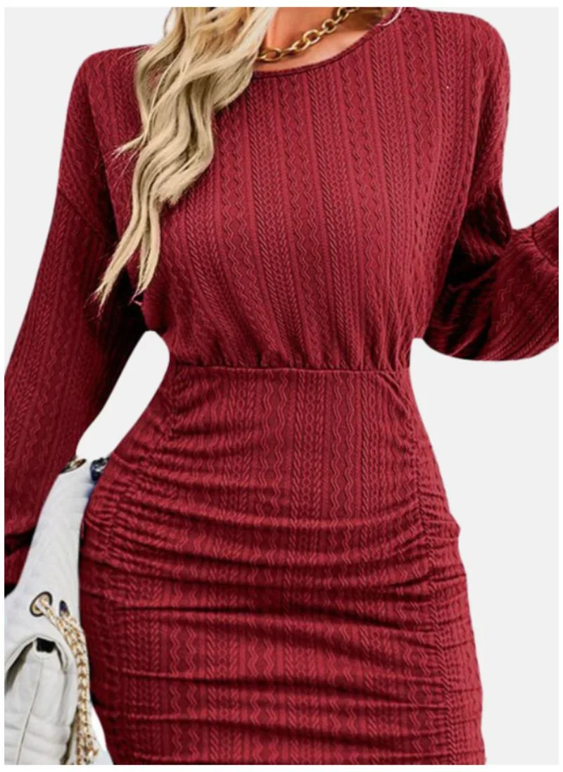 يونيكي Maroon Self Design Cuffed Sleeves Bodycon Dress