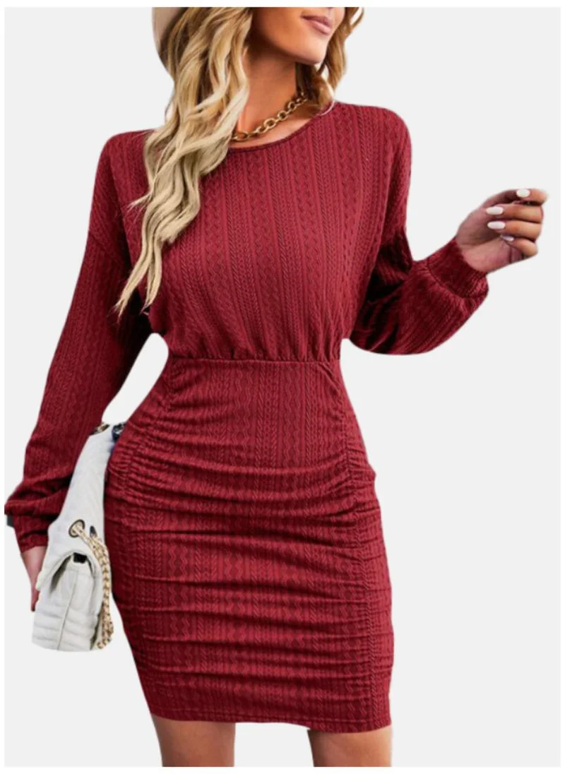 يونيكي Maroon Self Design Cuffed Sleeves Bodycon Dress