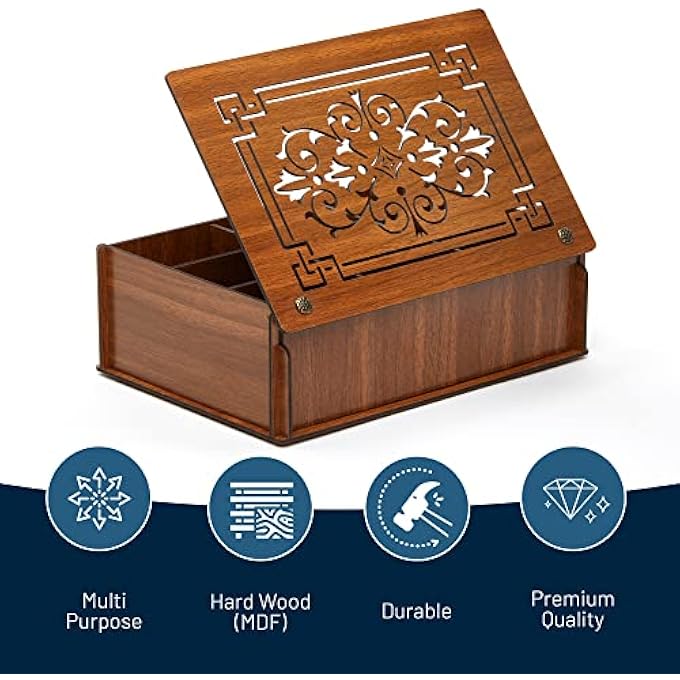 RoyalHouse صندوق تخزين شاي منظم مصنوع من خشب MDF الصلب عالي الجودة، بني اللون، صديق للبيئة، متعدد الوظائف، صندوق مزخرف، 9 أقسام لمجموعة متنوعة من أكياس الشاي والأشياء الصغيرة - Image 2