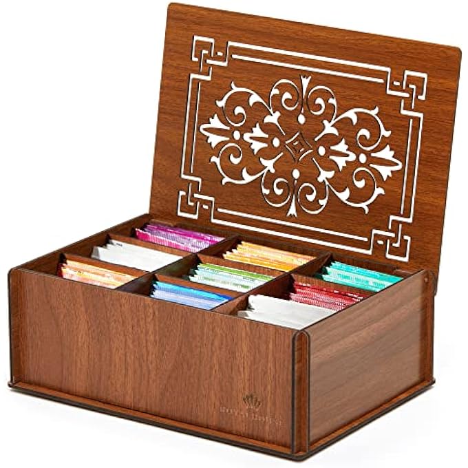 RoyalHouse صندوق تخزين شاي منظم مصنوع من خشب MDF الصلب عالي الجودة، بني اللون، صديق للبيئة، متعدد الوظائف، صندوق مزخرف، 9 أقسام لمجموعة متنوعة من أكياس الشاي والأشياء الصغيرة - Image 1