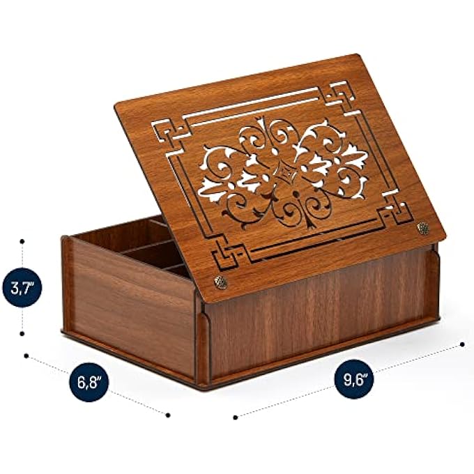 RoyalHouse صندوق تخزين شاي منظم مصنوع من خشب MDF الصلب عالي الجودة، بني اللون، صديق للبيئة، متعدد الوظائف، صندوق مزخرف، 9 أقسام لمجموعة متنوعة من أكياس الشاي والأشياء الصغيرة - Image 3