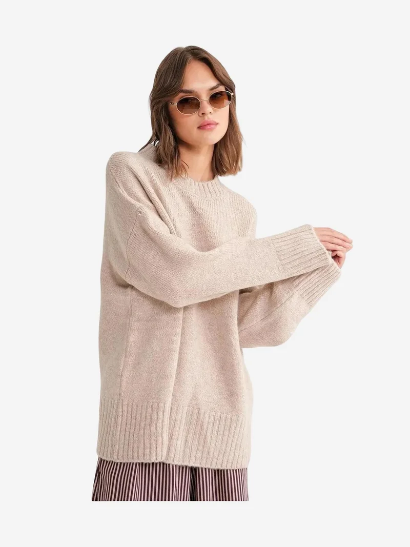 MixRay Mixray Oversized Ribbed Knit Sweater with Crew Neck
