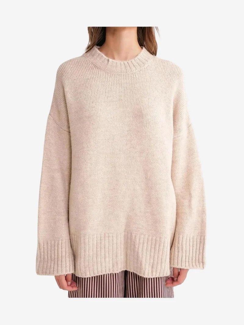 MixRay Beige Natural Mixray Oversized Ribbed Knit Sweater with Crew Neck for Women | Best Price UAE