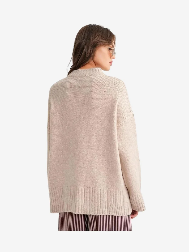 MixRay Beige Natural Mixray Oversized Ribbed Knit Sweater with Crew Neck for Women | Best Price UAE