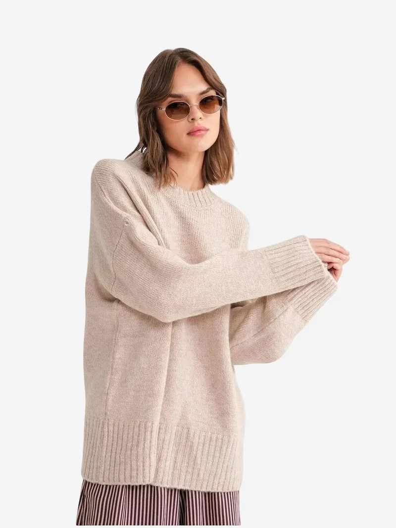 Mixray Beige Natural Mixray Oversized Ribbed Knit Sweater with Crew Neck for Women | Best Price UAE