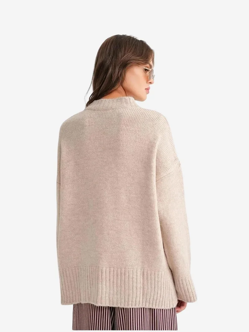 Mixray Beige Natural Mixray Oversized Ribbed Knit Sweater with Crew Neck for Women | Best Price UAE