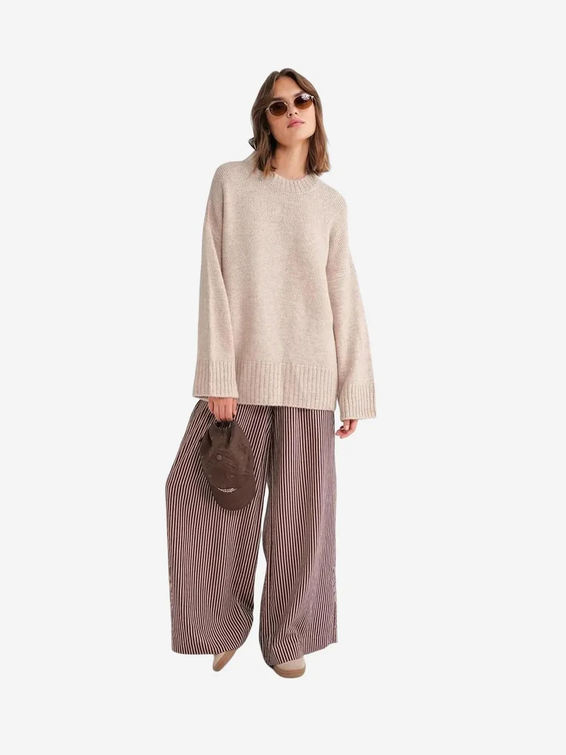 Mixray Beige Natural Mixray Oversized Ribbed Knit Sweater with Crew Neck for Women | Best Price UAE