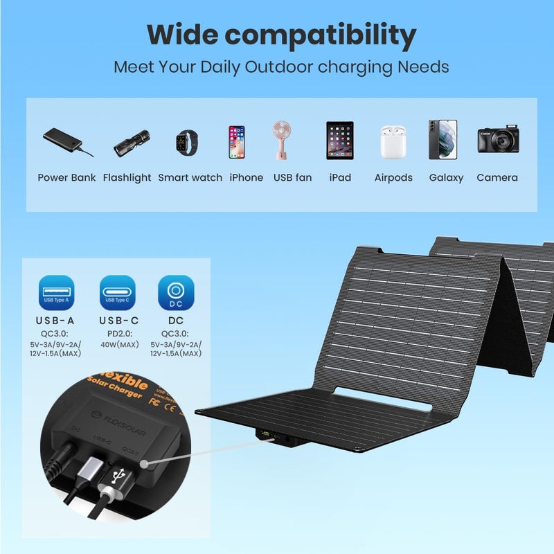 FlexSolar Upgraded FlexSolar 40W Portable Solar Panels Chargers with PD2.0 USB-C,QC3.0 USB-A and DC Outputs Foldable IP67 Waterproof Power Emergency Camping for Small Power Station,Phones, Power Banks - Image 5