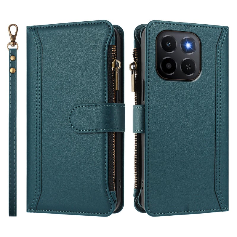 إيروريكس جراب جلدي بسحاب و9 فتحات للبطاقات مع حزام يد لهاتف Honor X6c 4G (أخضر غامق) - Image 2