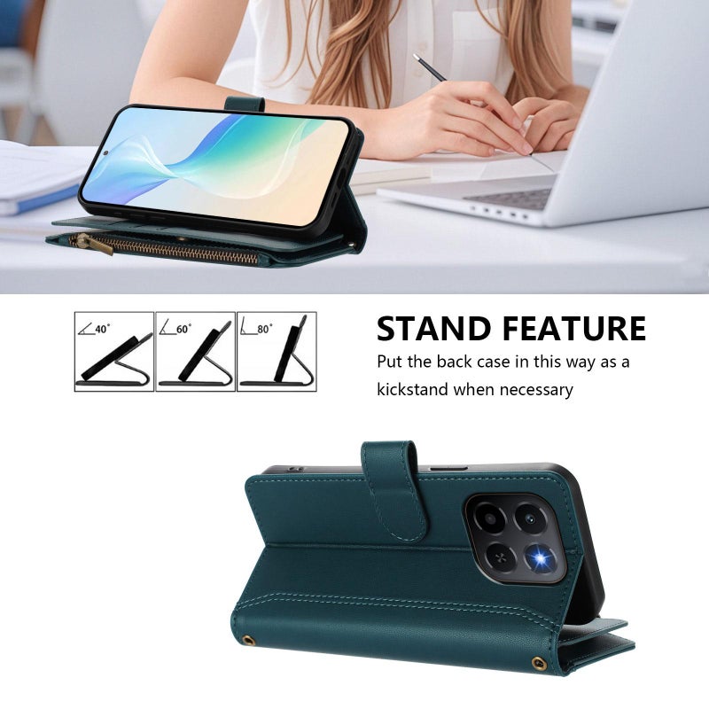 إيروريكس جراب جلدي بسحاب و9 فتحات للبطاقات مع حزام يد لهاتف Honor X6c 4G (أخضر غامق) - Image 4