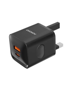 porodo Dual Port Wall Charger with Type-C to Type-C Cable / USB-C and USB-A Output / PD plus QC 20W UK Charger - Black  - Image 1