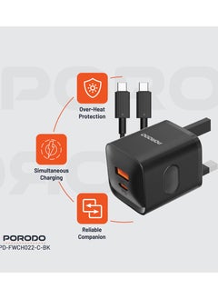 porodo Dual Port Wall Charger with Type-C to Type-C Cable / USB-C and USB-A Output / PD plus QC 20W UK Charger - Black  - Image 2