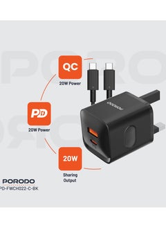 porodo Dual Port Wall Charger with Type-C to Type-C Cable / USB-C and USB-A Output / PD plus QC 20W UK Charger - Black  - Image 3