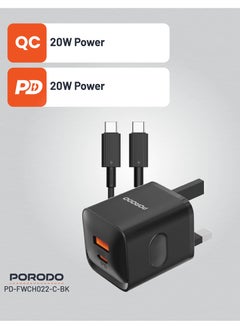 porodo Dual Port Wall Charger with Type-C to Type-C Cable / USB-C and USB-A Output / PD plus QC 20W UK Charger - Black  - Image 4