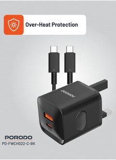 porodo Dual Port Wall Charger with Type-C to Type-C Cable / USB-C and USB-A Output / PD plus QC 20W UK Charger - Black  - Image 5