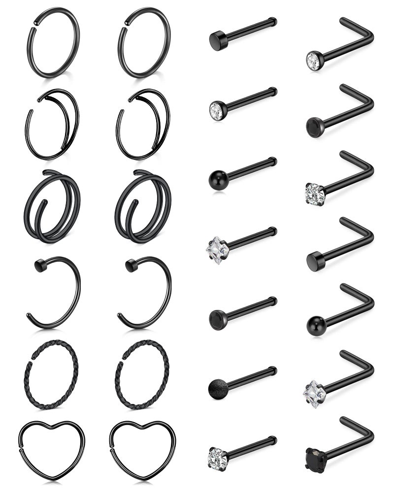 TOKRING 20G Black Nose Rings Hoops Studs Surgical Steel Piercing jewelry for Women Men - Image 1