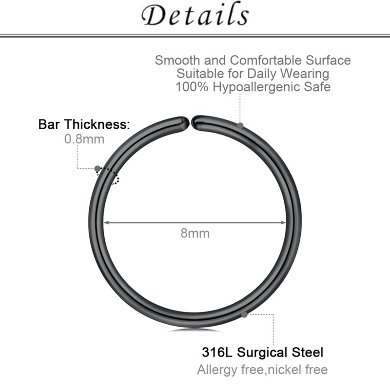 TOKRING 20G Black Nose Rings Hoops Studs Surgical Steel Piercing jewelry for Women Men - Image 3