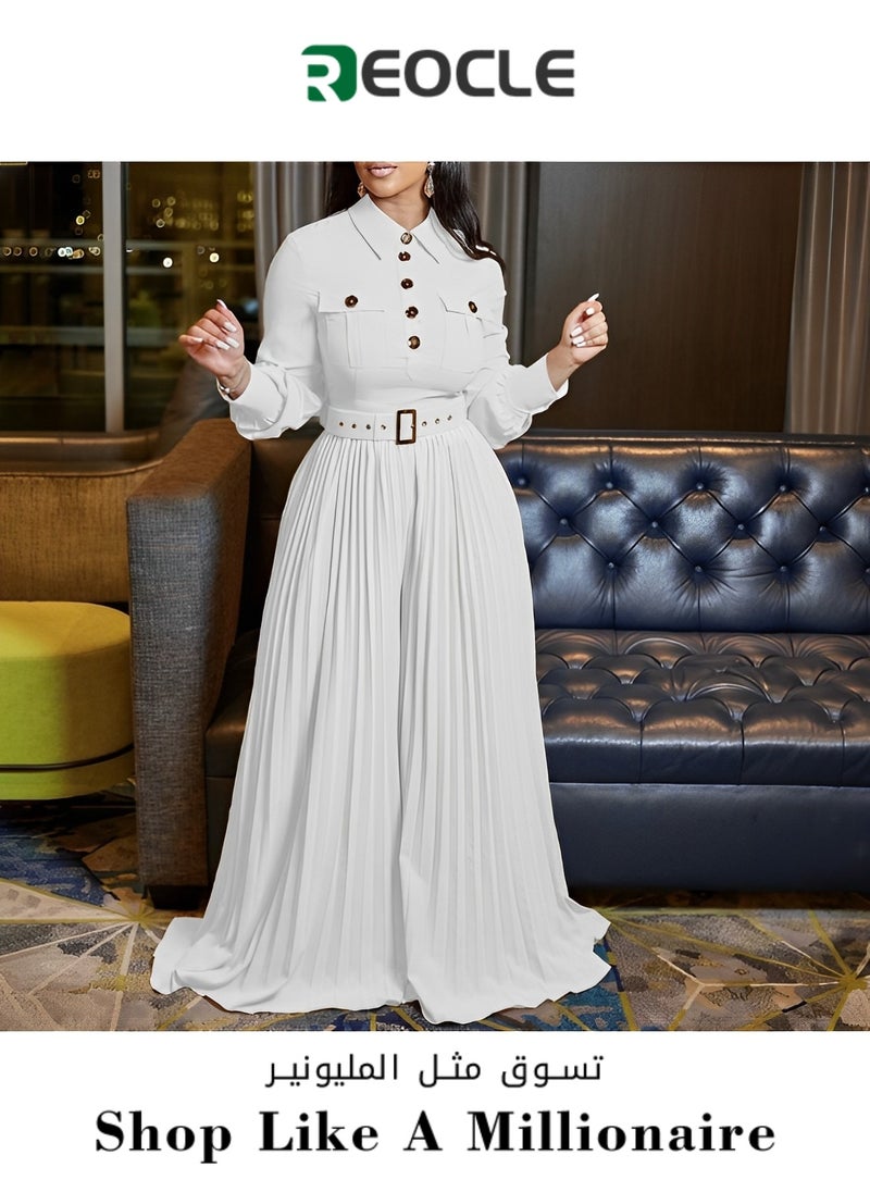 REOCLE Personalized Button Design New Long-sleeved Casual Loose Pleated Wide-leg Women's Fashion Elastic Belt Jumpsuit  - Image 1