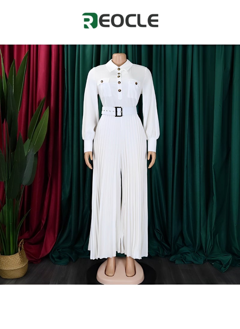 REOCLE Personalized Button Design New Long-sleeved Casual Loose Pleated Wide-leg Women's Fashion Elastic Belt Jumpsuit  - Image 3