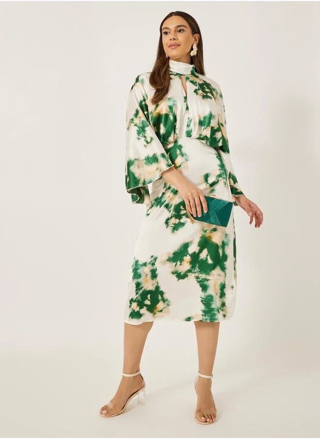 ستايلي Styli Print Satin Long Sleeves Sheath Midi Dress