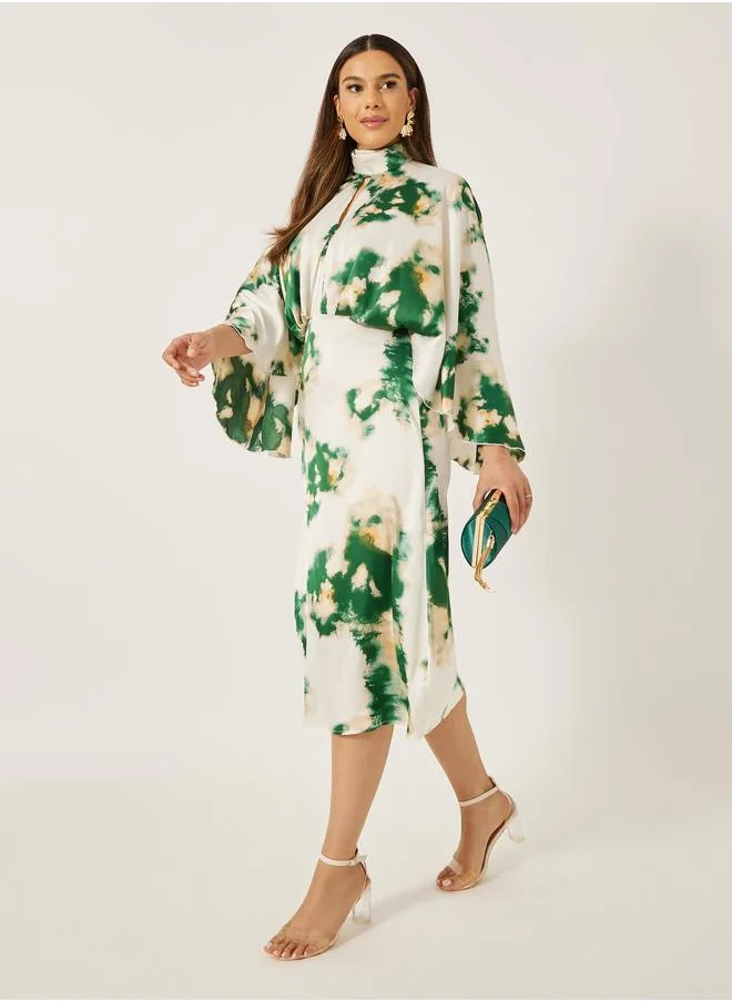 ستايلي Styli Print Satin Long Sleeves Sheath Midi Dress