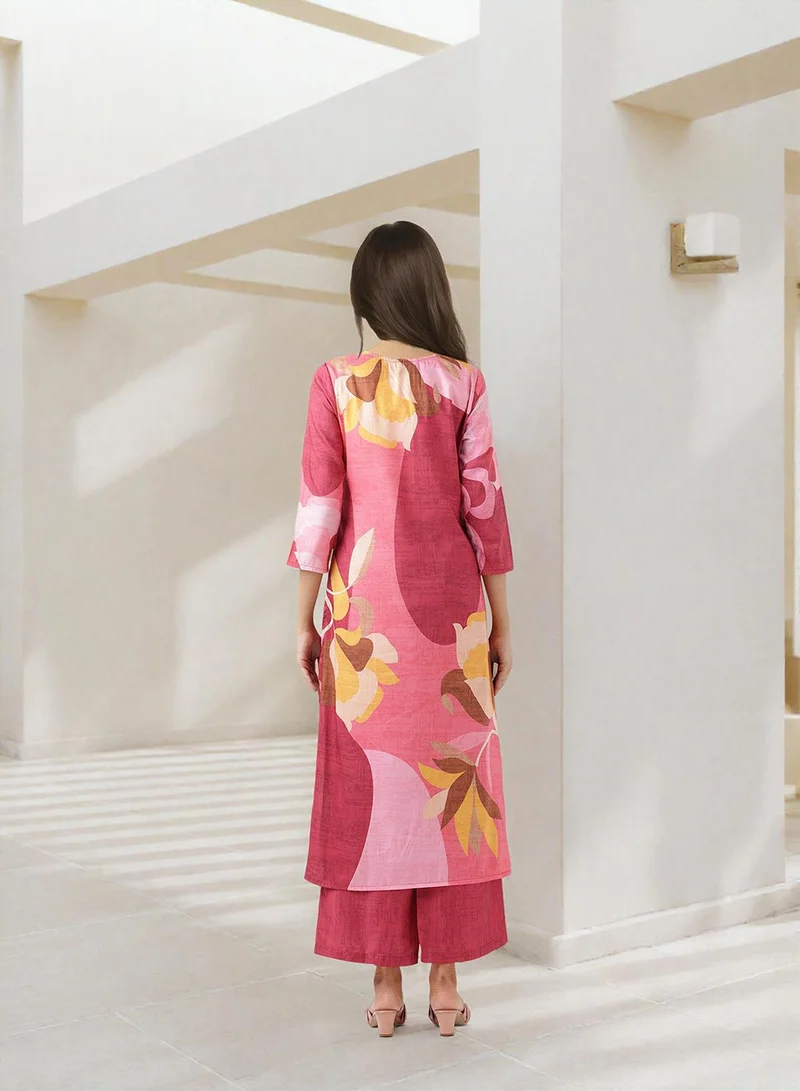 ISHIN Women's Pink 100% Cotton Printed Straight Fit Kurta Set