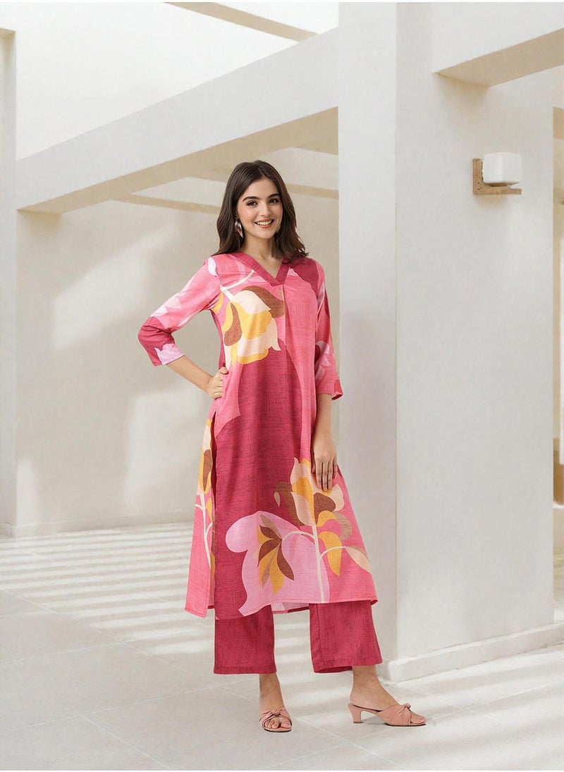 ISHIN - Straight Fit Printed Pattern Round Neck Three-Quarter Sleeves Pink Colour Knitted Cotton Kurta Set for Women with Semi Elastic Closure - Elevate Your Fashion Game - Image 1