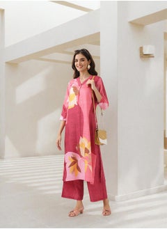 ISHIN Straight Fit Printed Pattern Round Neck Three-Quarter Sleeves Pink Colour Knitted Cotton Kurta Set for Women with Semi Elastic Closure - Elevate Your Fashion Game  - Image 1