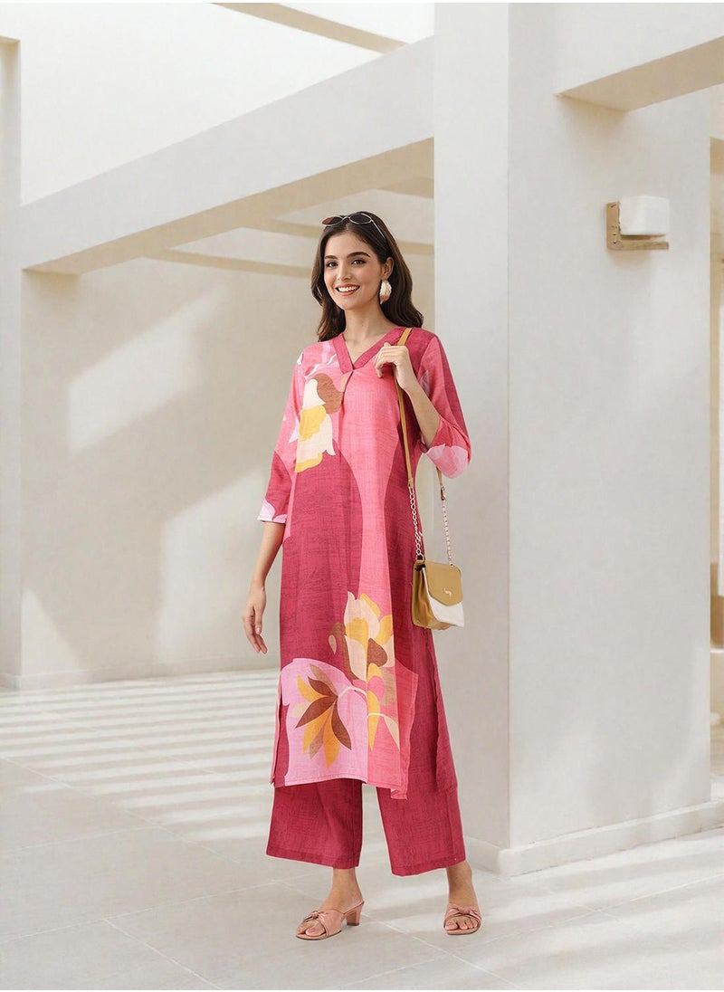 ISHIN - Straight Fit Printed Pattern Round Neck Three-Quarter Sleeves Pink Colour Knitted Cotton Kurta Set for Women with Semi Elastic Closure - Elevate Your Fashion Game - Image 1