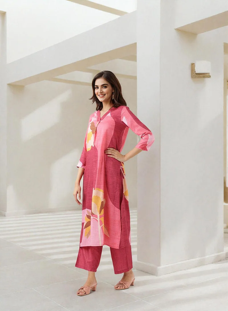 ISHIN Women's Pink 100% Cotton Printed Straight Fit Kurta Set