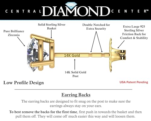 Central Diamond Center 14K Gold Post & Sterling Silver Made with Swarovski Zirconia 3 Prong Martini Stud Earrings- Yellow Gold Plated 6.50mm 2.00ctw - Image 2