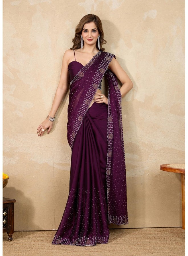 TRENDMALLS Women's Silk Siroski Work Saree with Unstitch Blouse Piece (K1155-Purple) - Image 3