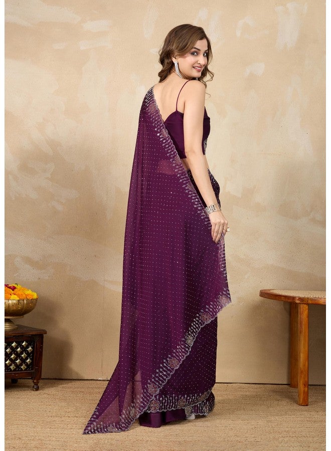 TRENDMALLS Women's Silk Siroski Work Saree with Unstitch Blouse Piece (K1155-Purple) - Image 2