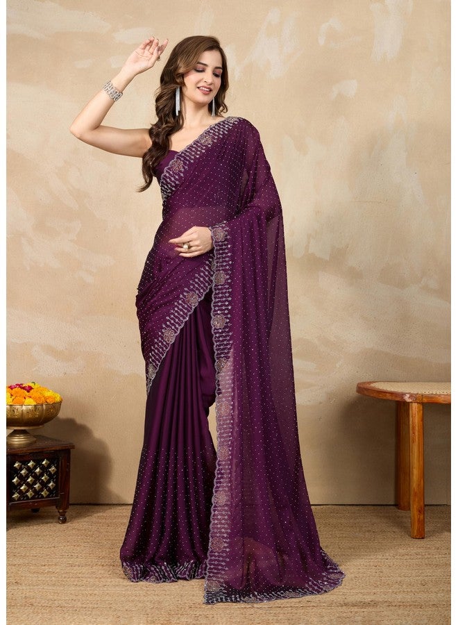 TRENDMALLS Women's Silk Siroski Work Saree with Unstitch Blouse Piece (K1155-Purple) - Image 5