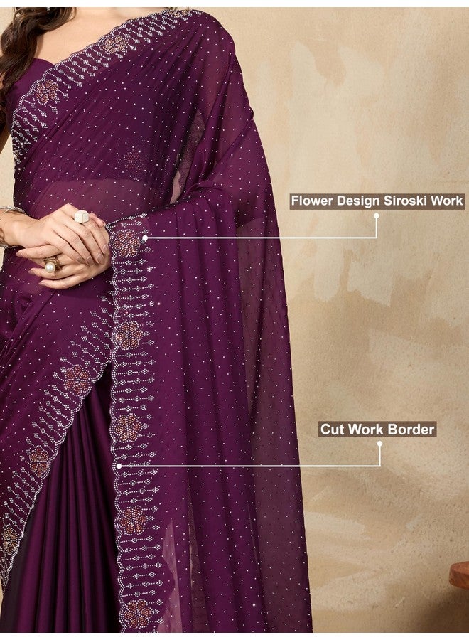 TRENDMALLS Women's Silk Siroski Work Saree with Unstitch Blouse Piece (K1155-Purple) - Image 4