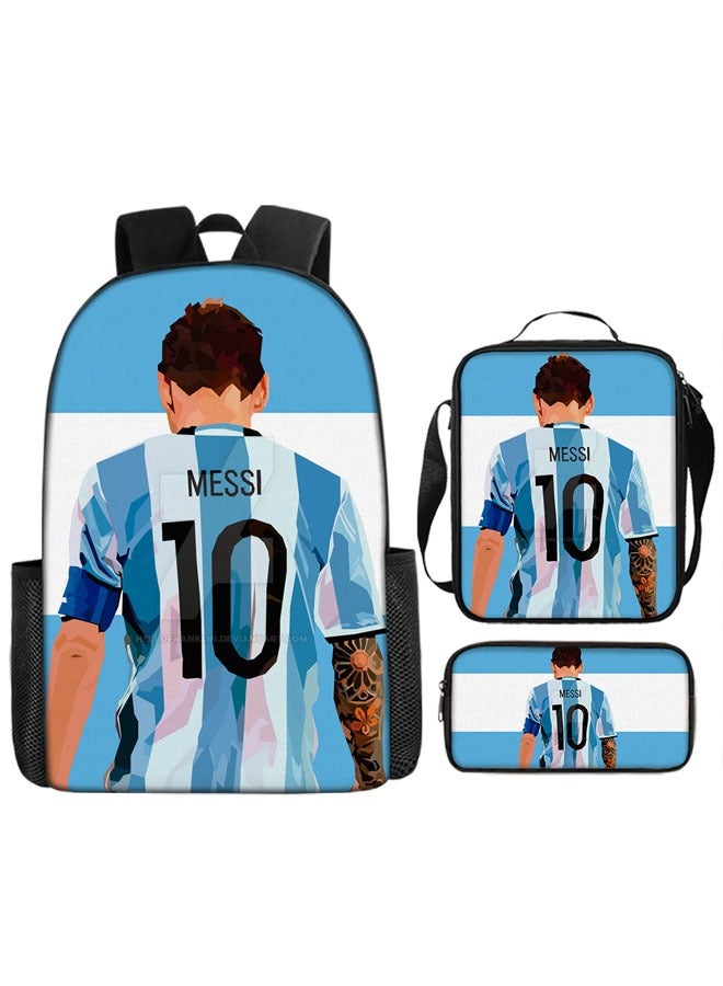 3PCS Backpack Set, MESSI Football Backpack, Large Capacity Casual Backpack with Lunch Bag and Pencil Case for Boys and Girls Fans