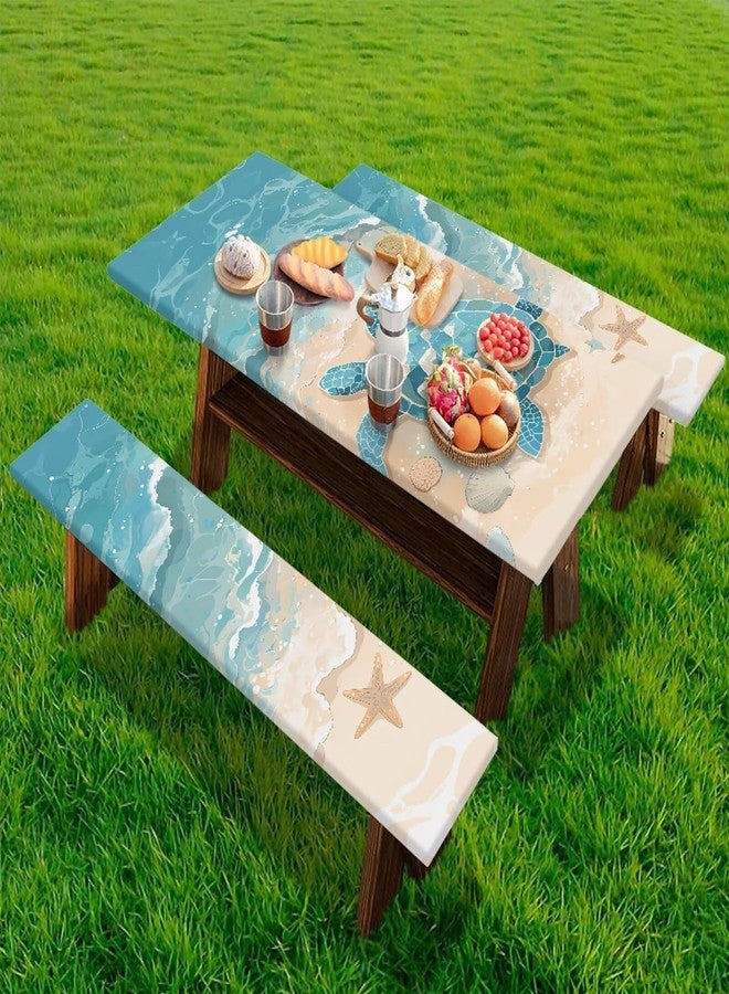 Xsehusvy Sea Turtle Outdoor Table Cover for Picnic 1 Rectangle Tablecloth with 2 Bench Slipcover Waterproof & Windproof Tablecloth Suitable for BBQ Picnic Party Camping, 72 x 30 in - Image 1