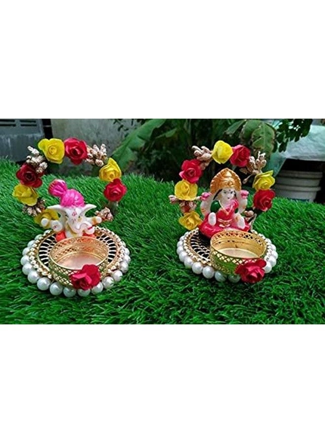 Elegance Ganpati And Laxmi Ji Metallic Diya T Lights/Tea Light Candle Holder For Diwali Home Office Decoration Puja Articles Decor Gifts Tealight (2 Pcs)