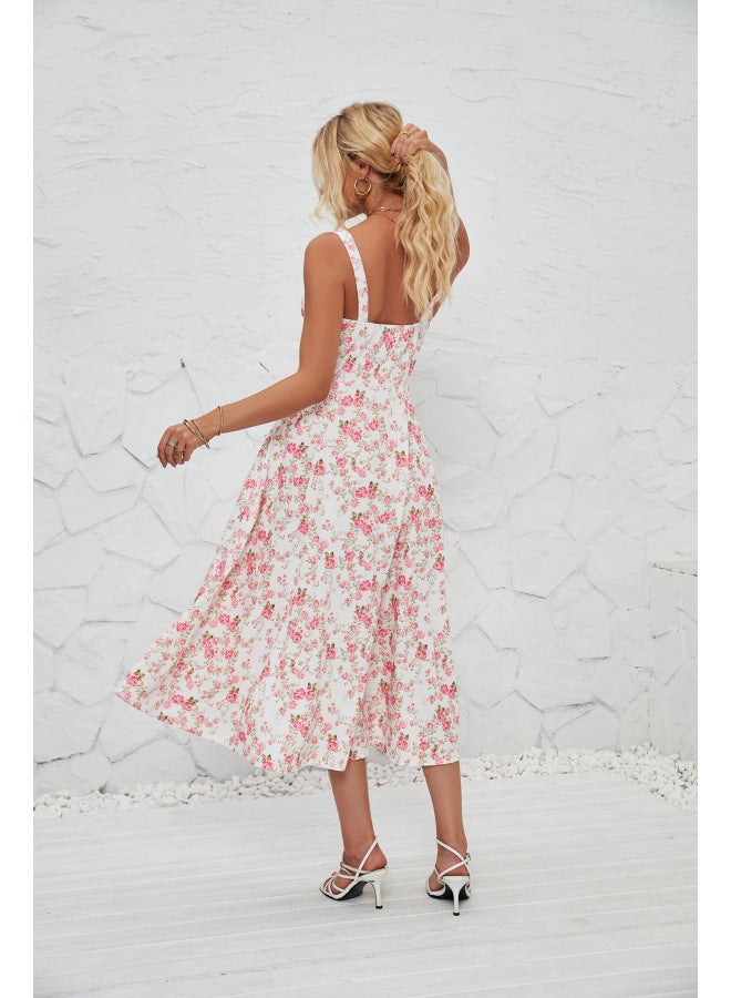 SPRING Summer Straps European And American Women's Fashion Floral Print Pastoral Long Elegant Dress - Image 1