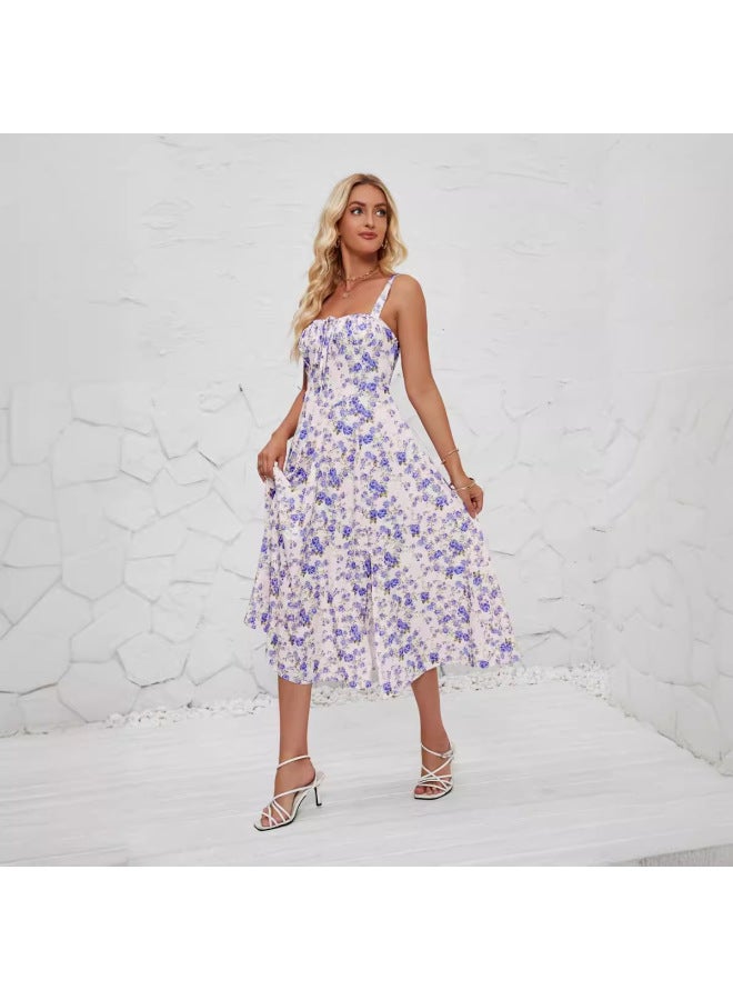 SPRING Summer Straps European And American Women's Fashion Floral Print Pastoral Long Elegant Dress - Image 2