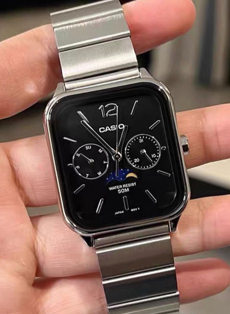 كاسيو ساعة كاسيو معيارية سلسلة 50M، بقلم كوارتز مقاوم للماء، حزام من الفولاذ المقاوم للصدأ، ساعة ذكية للرجال، تصميم أسود - Image 2