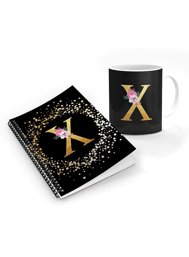 Stylizedd Printed Coffee Mug + A5 Spiral Notebook Memo Personalised Combo Gift Set Custom Monogram Initial Letter Floral Pattern Alphabet -  X (Black)