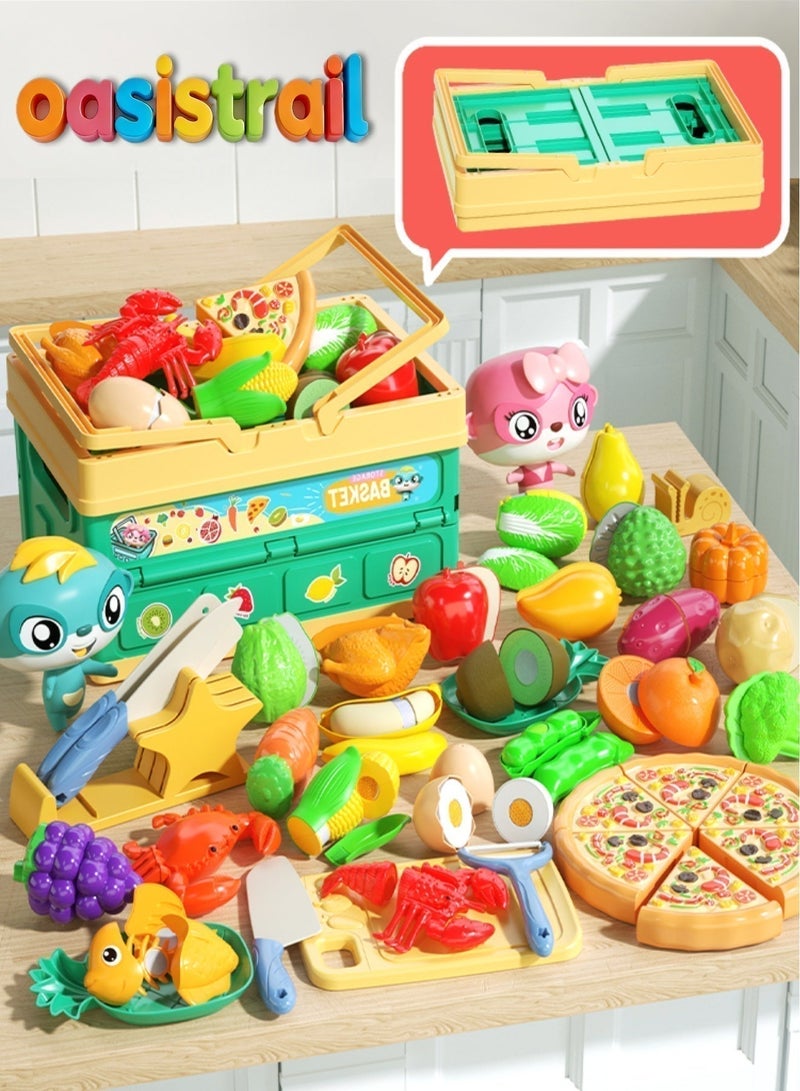 رحلة إلى الواحة  74PCS مجموعة ألعاب المطبخ للأطفال ، ألعاب الطعام المحاكاة من الخضروات والفواكه ، سلة النزهة للأطفال وألعاب المأكولات البحرية ، طعام لعب المقصورة ، طعام محاكاة مع ألعاب البيتزا ، ملحقات المطبخ للأطفال ، هدية STEM للفتيان والبنات - Image 3