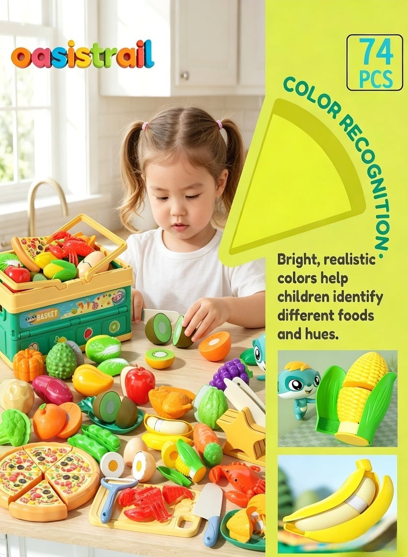 رحلة إلى الواحة  74PCS مجموعة ألعاب المطبخ للأطفال ، ألعاب الطعام المحاكاة من الخضروات والفواكه ، سلة النزهة للأطفال وألعاب المأكولات البحرية ، طعام لعب المقصورة ، طعام محاكاة مع ألعاب البيتزا ، ملحقات المطبخ للأطفال ، هدية STEM للفتيان والبنات - Image 2