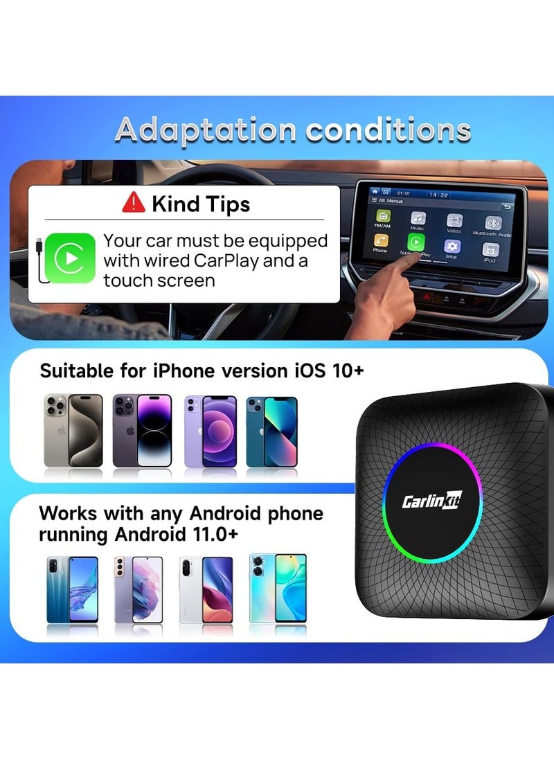 CarlinKit Wireless Carplay/Android Car AIBox LED Version, Suitable for Vehicles with Wired CarPlay, Built-in 8+128GB Android 13.0, Support for YouTube, Disney+ and More!