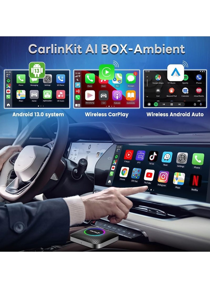 CarlinKit Wireless Carplay/Android Car AIBox LED Version, Suitable for Vehicles with Wired CarPlay, Built-in 8+128GB Android 13.0, Support for YouTube, Disney+ and More!